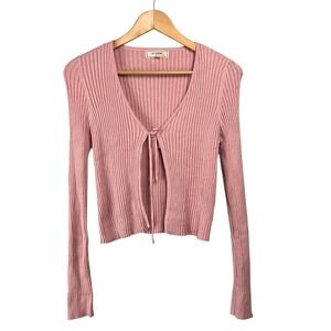 No Comment Pink Ribbed Tie Front Cropped Cardigan Sweater Womens XL Coquette